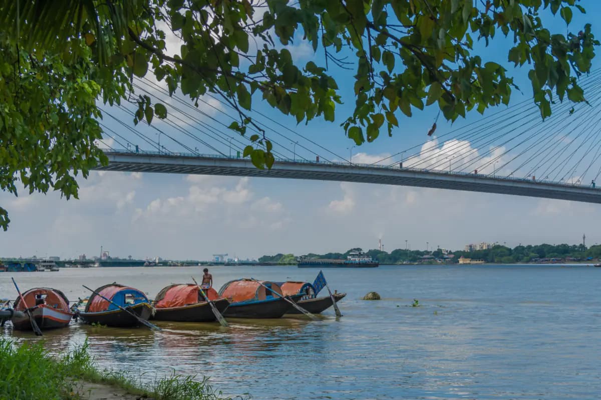 Wooden boats with orange covers moored on the Hooghly River in Kolkata, below the cables of the Vidyasagar Setu bridge